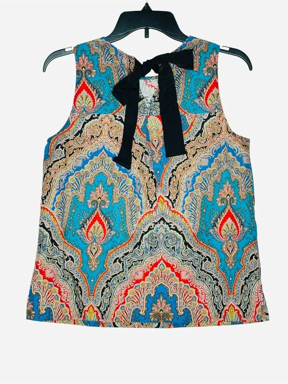 J.Crew Factory Paisley Print Sleeveless Blouse XS Blue Bow Tie Neck Top